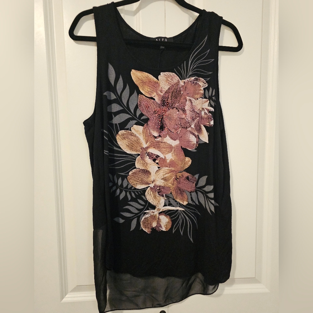 B.L.E.U. Womens Floral Black Sleeveless Top Sz XL